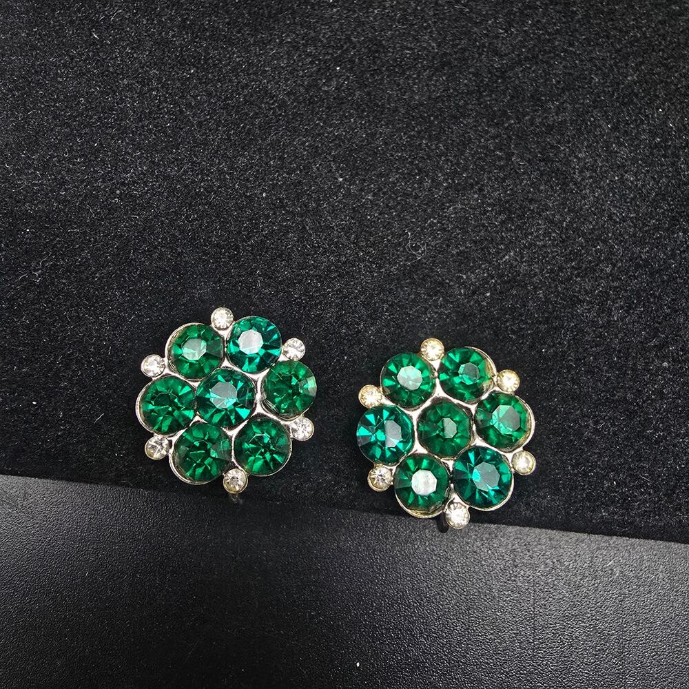 Green Rhinestone Screw Back Earrings Vintage Costume Jewelry